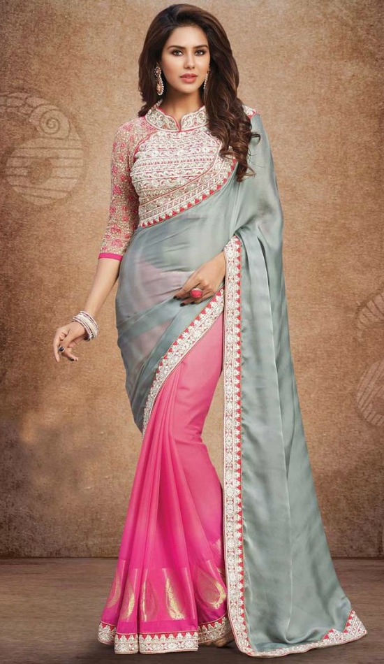 Grey & Pink Georgette Saree With Pink Art Silk Blouse Embellished With Embroidered