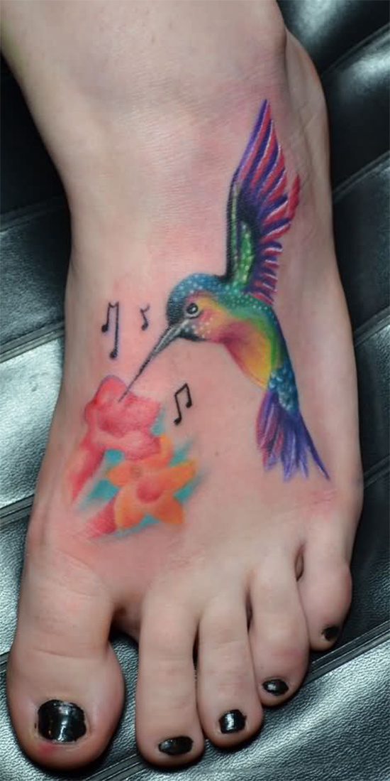 Humming Bird Flower Tattoo On Ankle