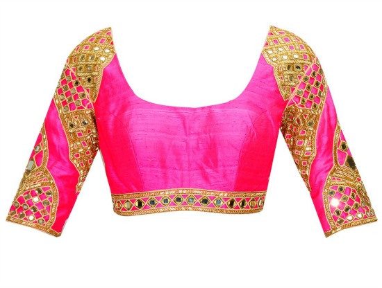 Indigo Salli & Mirror Work Sari With Bright Pink Embroidered Blouse
