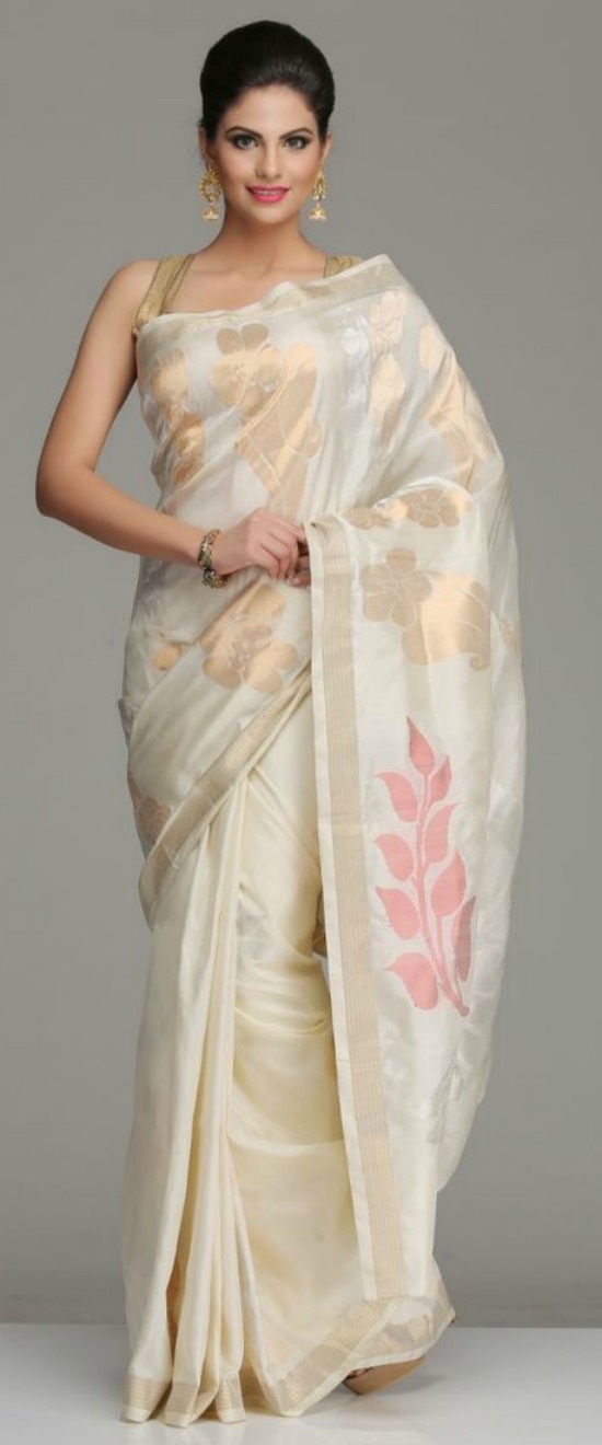 Ivory Uppada Silk Saree With Bold Dull Gold Silver Zari Floral Motifs, & Peacock Motifs