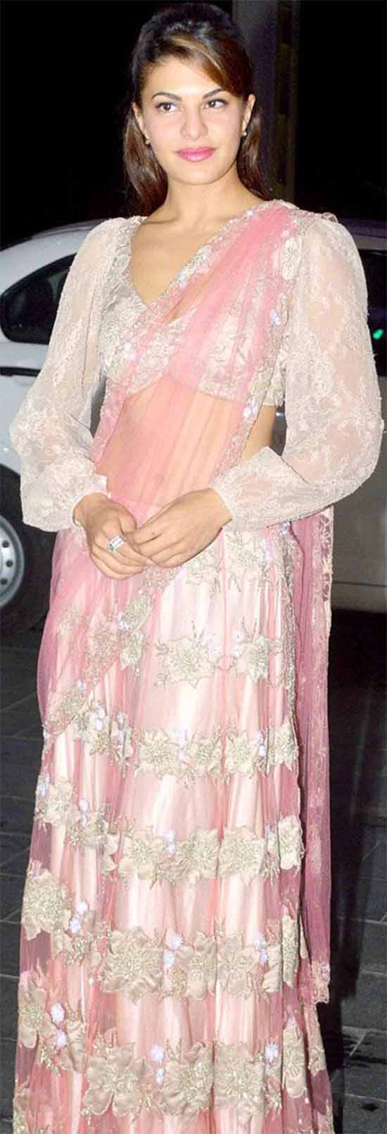 Jacqueline Fernandez In Pearl Pink Net Floral Embroidery Saree