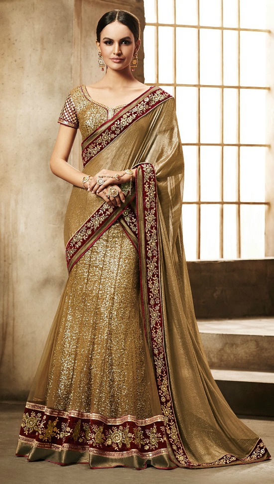 Lovely Embroidered And Sequins Work Gold Net Lehenga Saree