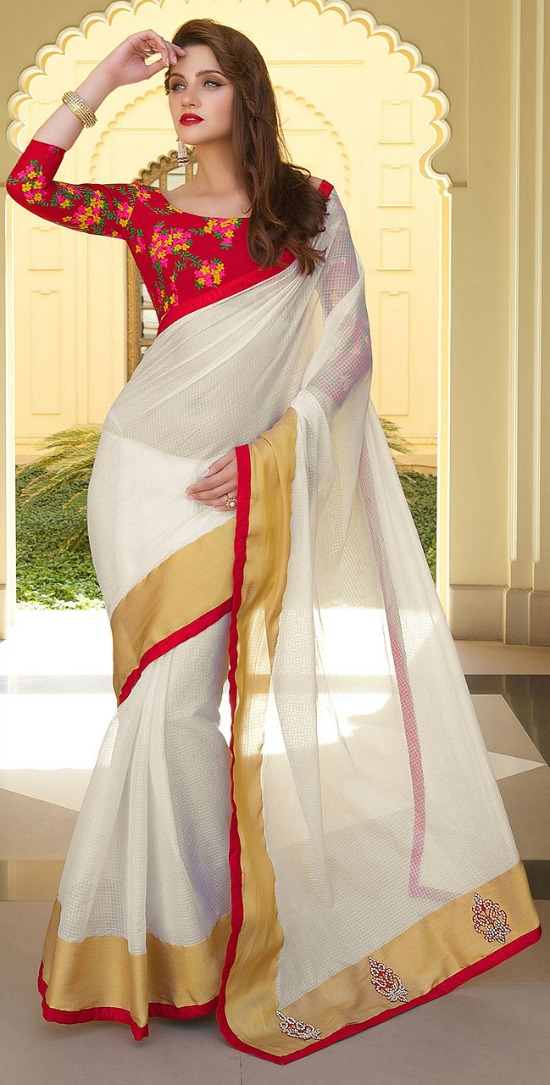 Lovely White Art Silk Beautiful Saree With Red Floral Blouse