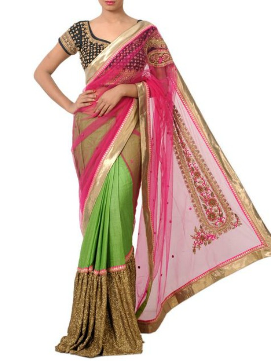 Magenta And Green Chanderi Embroidered And Sequined Saree