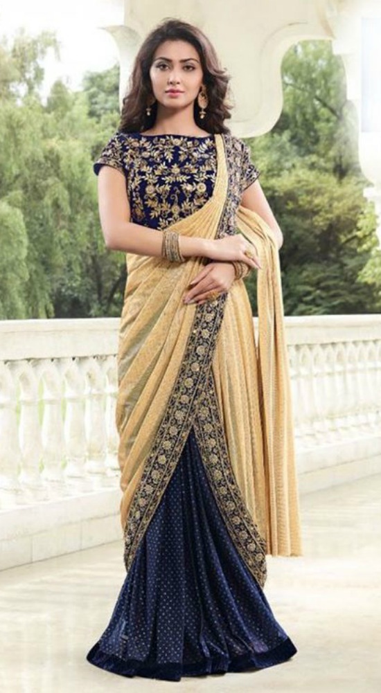 Magnetize Cream and Navy Blue Embroidered Designer Partywear Saree