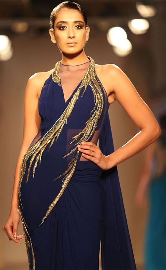 Midnight Blue Saree Gown With Golden Embellishments