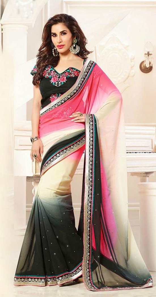 Multi Color Georgette Saree With Asymmetrical Blouse