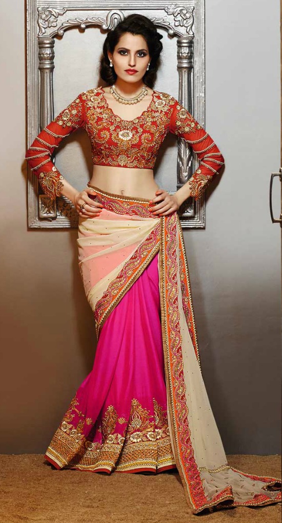 Mustard Cream & Pink Georgette Saree With Cur Work Heavy Embroidery Full Sleeve Blouse