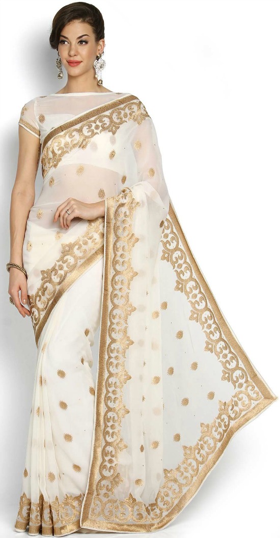 Off-White & Gold-Toned Embroidered Georgette Saree