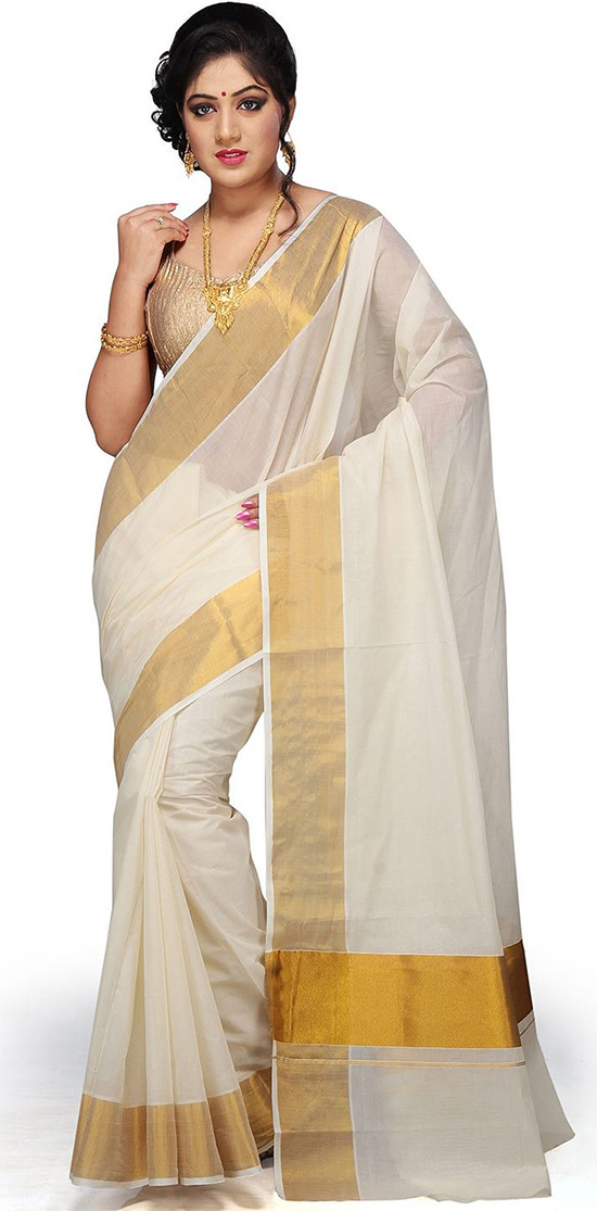 Off White Pure Cotton Kerala Kasavu Saree With Gold Embellished Sleeveless Blouse