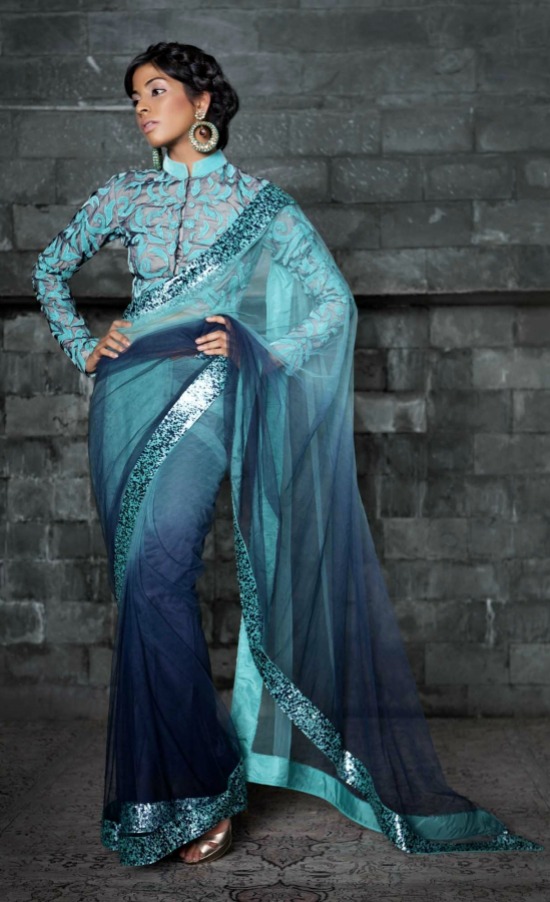 Ombre Dyed Net Saree With High Collar Full Sleeve Blouse