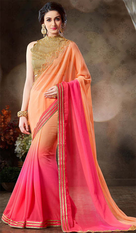 Orange And Pink Pure Pure Chiffon Saree With High Neck Blouse