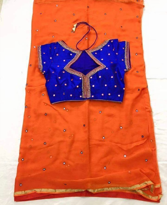 Orange Mirror Work Saree With Heart Shape Neck Blue Blouse