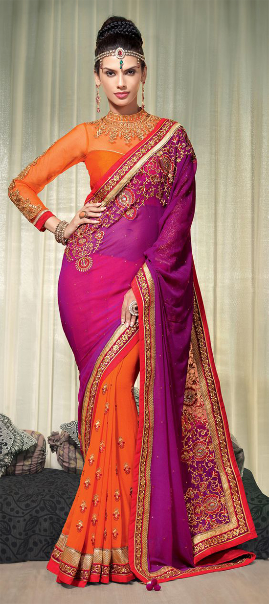 Orange, Purple And Violet Color Chiffon Saree with Sheer Yoke Sweetheart Full Sleeve Net Blouse