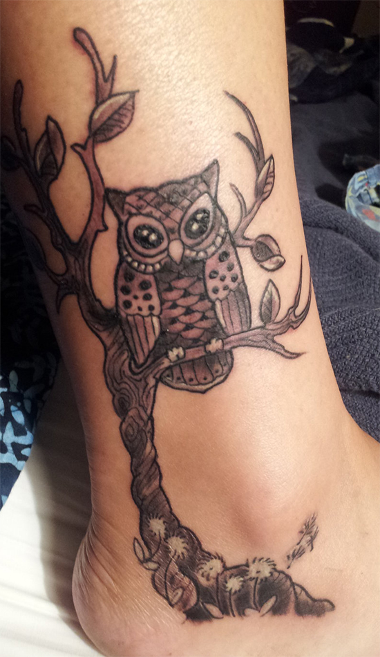 Owl Sitting On Tree Tattoo