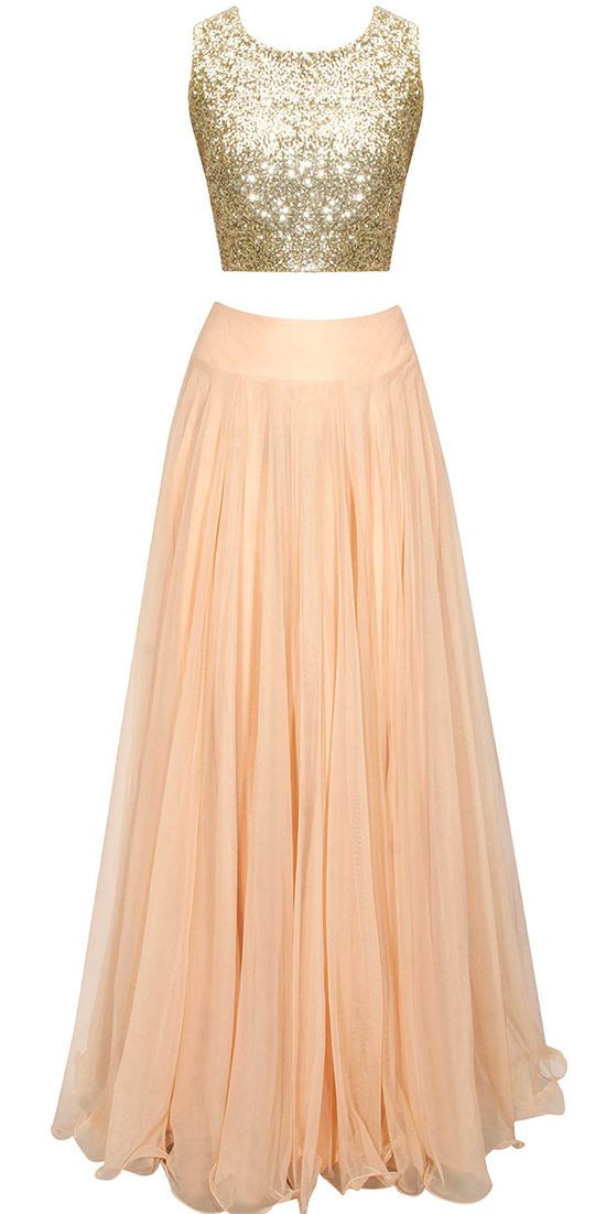 Peach Sheer Embroidered Cape Lehenga Set With Sequins Crop Top