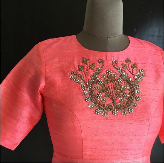 Pink Blouse With Sequins And Pearl Embroidery Work At Front Of Blouse