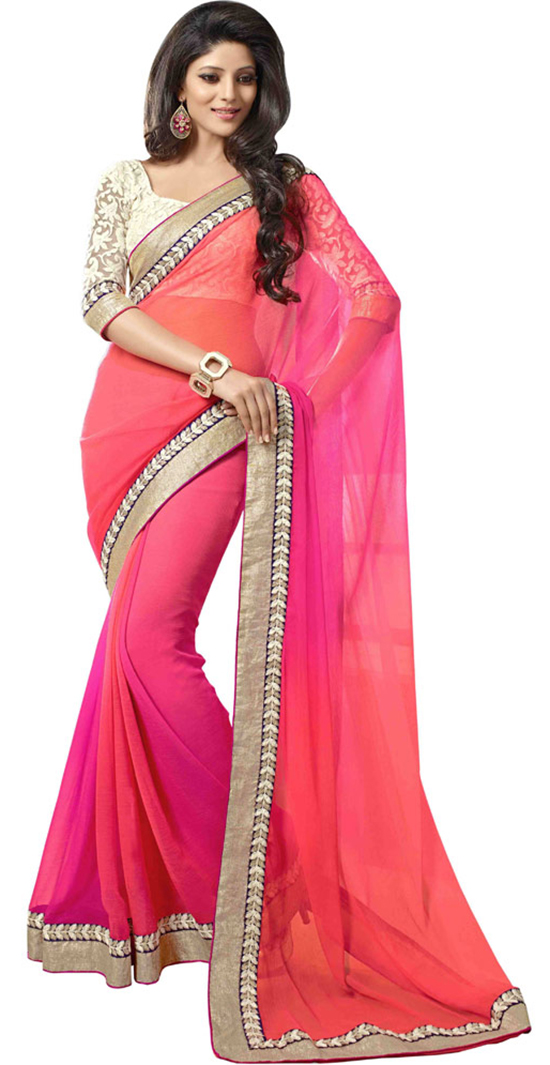 Pink Embroidered Multicoloured Georgette Saree With Blouse