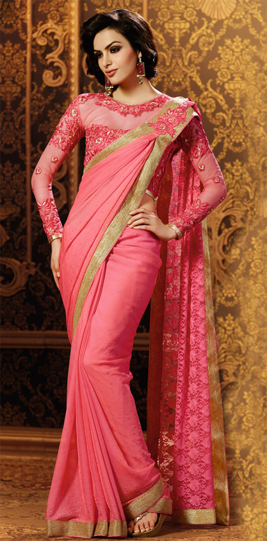 Pink Faux Chiffon Saree With Full Sleeve High Neck Net Blouse
