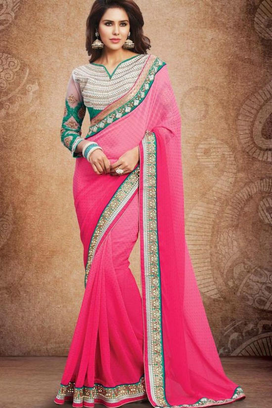 Pink Georgette Party Wear Saree With Maharani Blouse