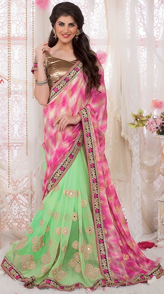 Pink Georgette Saree With Embroidery Work