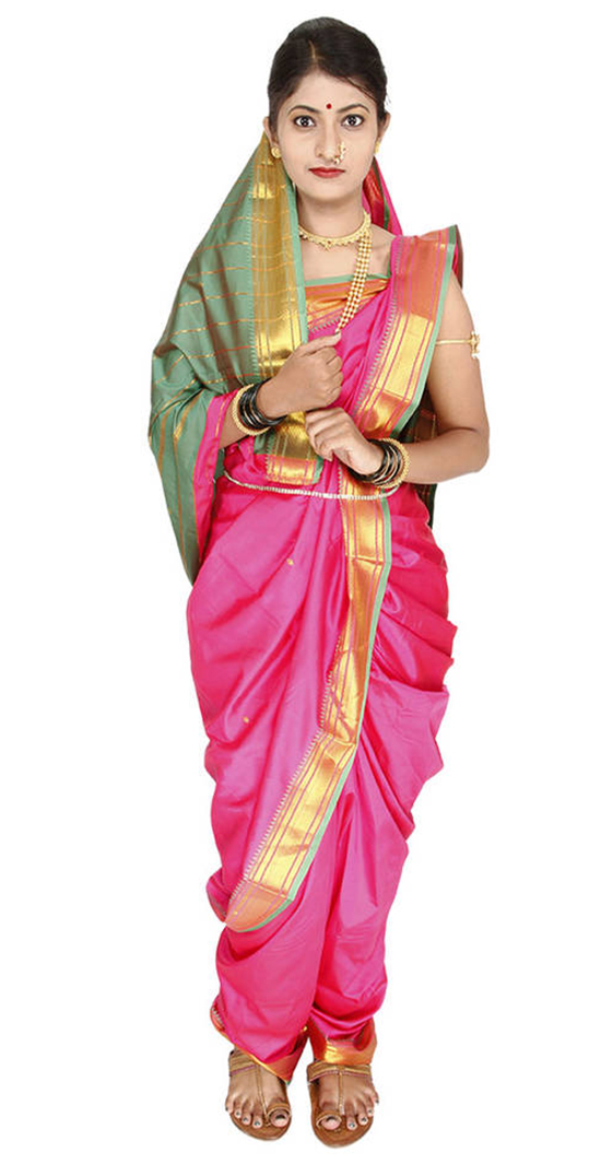 Pink Plain Cotton Silk Nauvari Saree