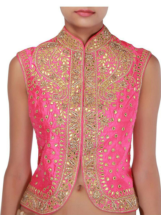 Pink Raw Silk Jacket Style Blouse Embellished In Gotta Patti Butti All Over