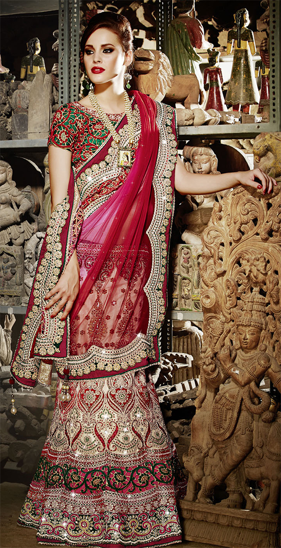 Pink, Red and Cream Colored Embroidered A Line Net And Satin Wedding Wear Lehenga Choli