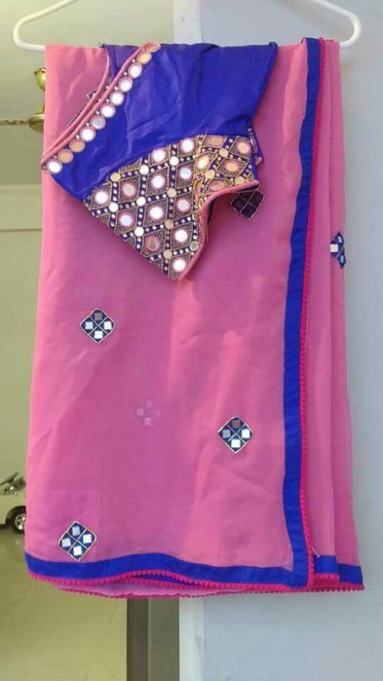 Pink Saree With Heavy Hand Mirror Work Blouse