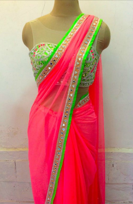 Pink Saree With Mirror Work Corset Blouse