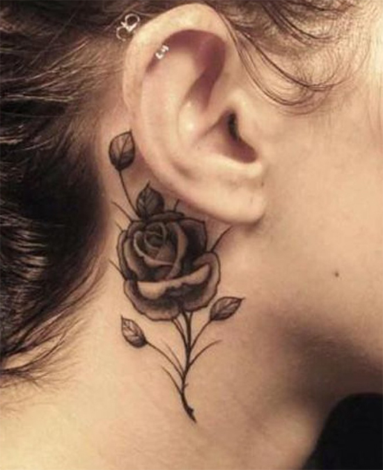Pretty Black Rose Tattoo Behind Neck