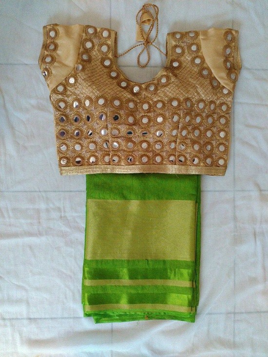 Pretty Mirror Work Green Silk Saree And Golden Blouse
