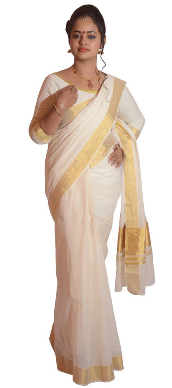 Pure Cotton Kerala Kasavu Handloom Saree With Golden Zari And Semi U shape Full Sleeves Blouse