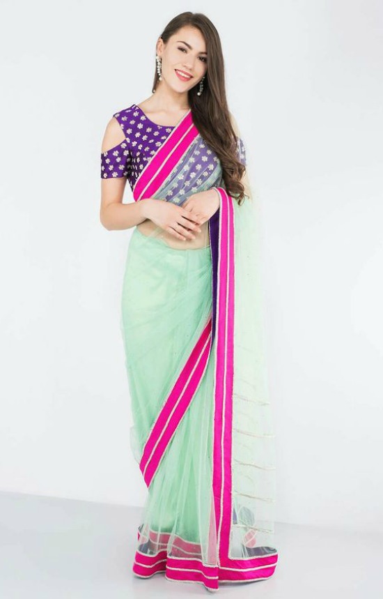 Purple & mint Green Saree With Cold Shoulder Blouse