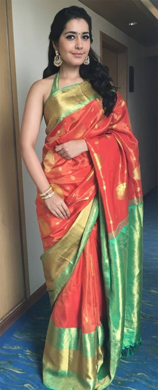 Raashi Khanna In Traditional Pattu Saree With Halter Neck Blouse
