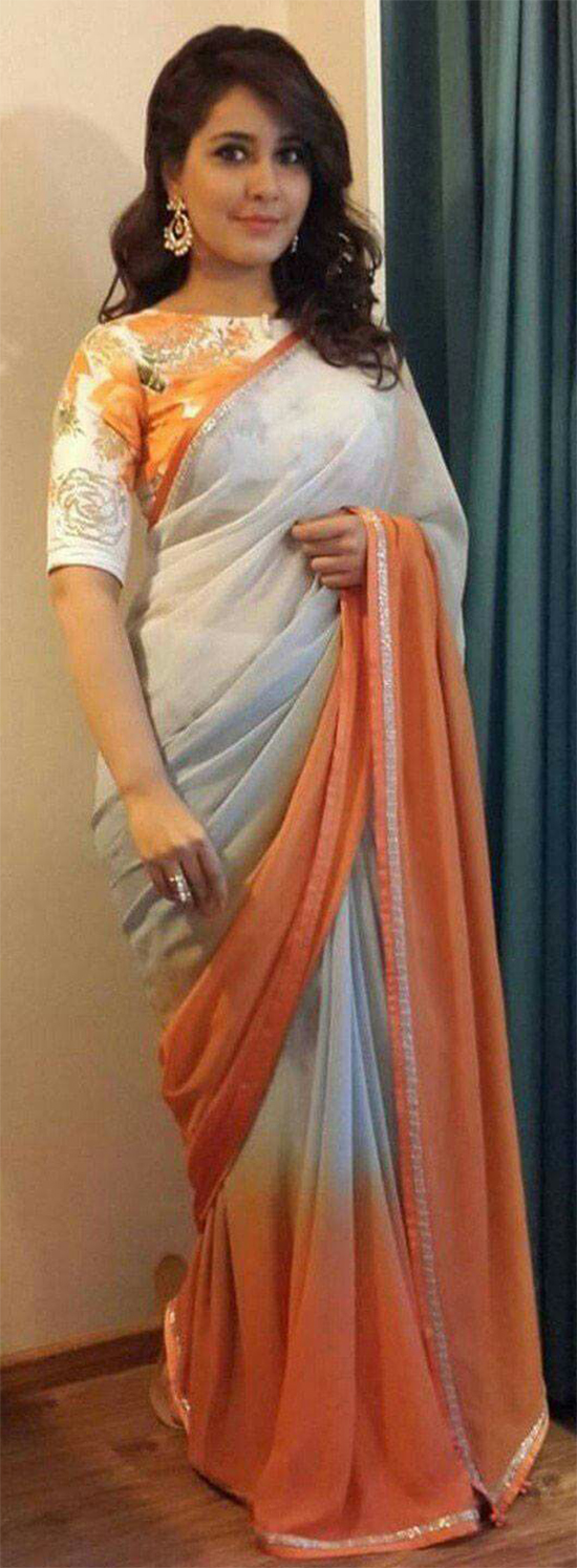 Raashi Khanna In Orange And Silver Dual Colour Saree