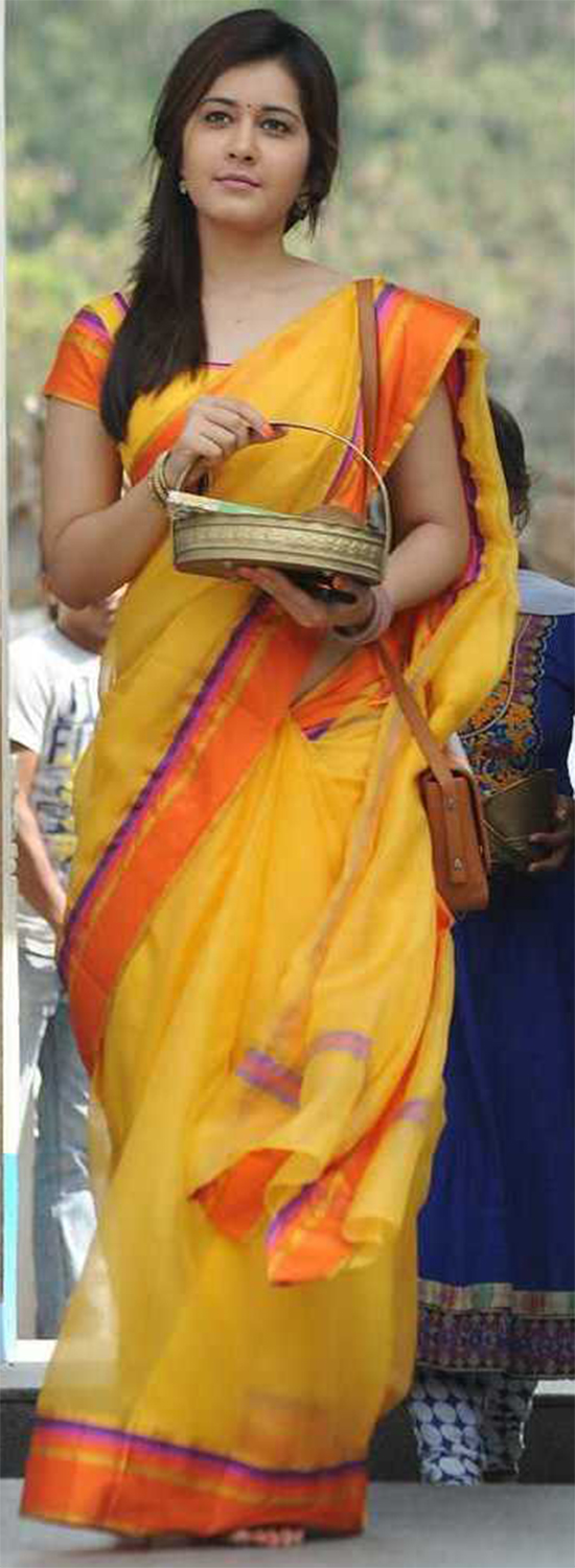 Raashi Khanna In Yellow Saree With Orange Border