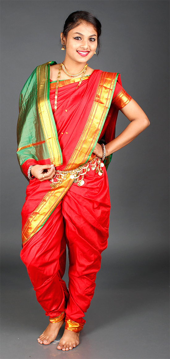 Readymade Red & Green Colour Nauvari Saree