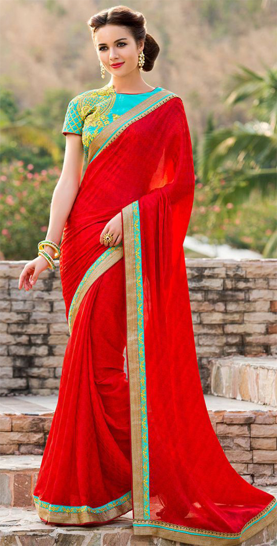 Red Chiffon Saree With Embroidery Blouse