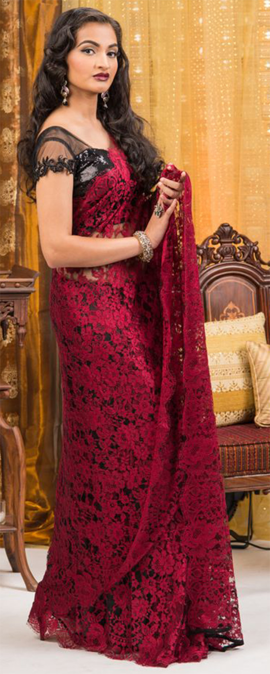 Red French Chantilly Lace Saree With Sheer Blouse
