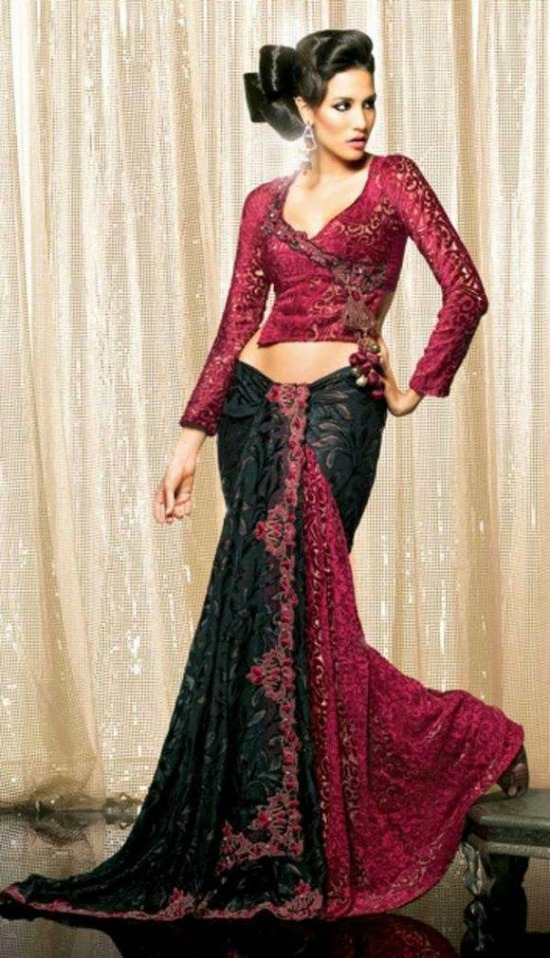 Red Full Sleeve Angrakha Style Blouse With Black Saree