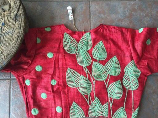 Red Silk Cotton Blouse Leaf Embroidery With Back Boat Neck