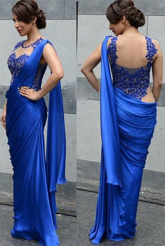 Royal Blue O Neck Sleeveless Mermaid Floor Length Sheer Applique Saree Gown