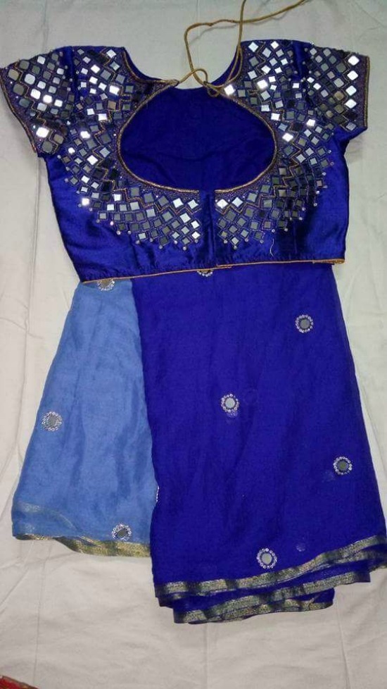 Royal Blue Saree With String Mirror Work Blouse