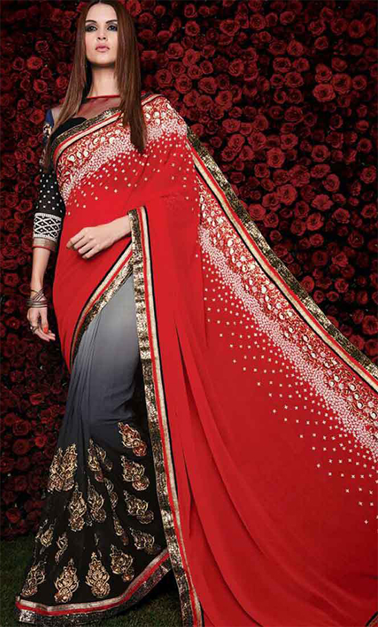 Royal Red & Grey Black Shaded Georgette Stone Work Party Wear Saree