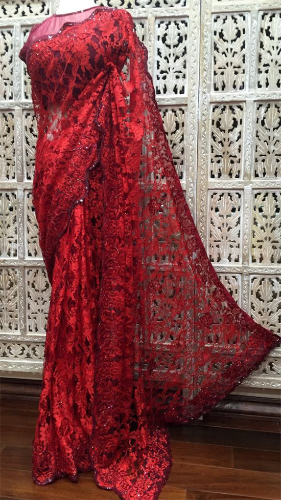 Scarlet Red And Burgundy Dual Tone French Chantilly Lace Saree Embelished With Crystals And Beads