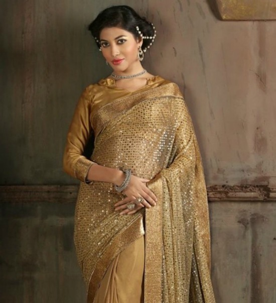 Sequins Work Half And Half Saree With Collar Blouse