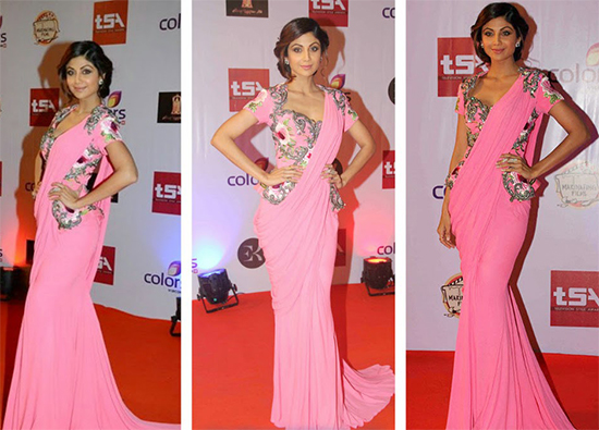 Shilpa Shetty In Pink Plain Saree Gown With Embroidery Work And Short Sleeve Jacket