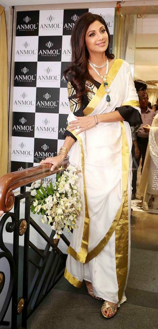 Shilpa Shetty Wore White & Gold Masaba Saree With Black Gold Leaf Motif Blouse
