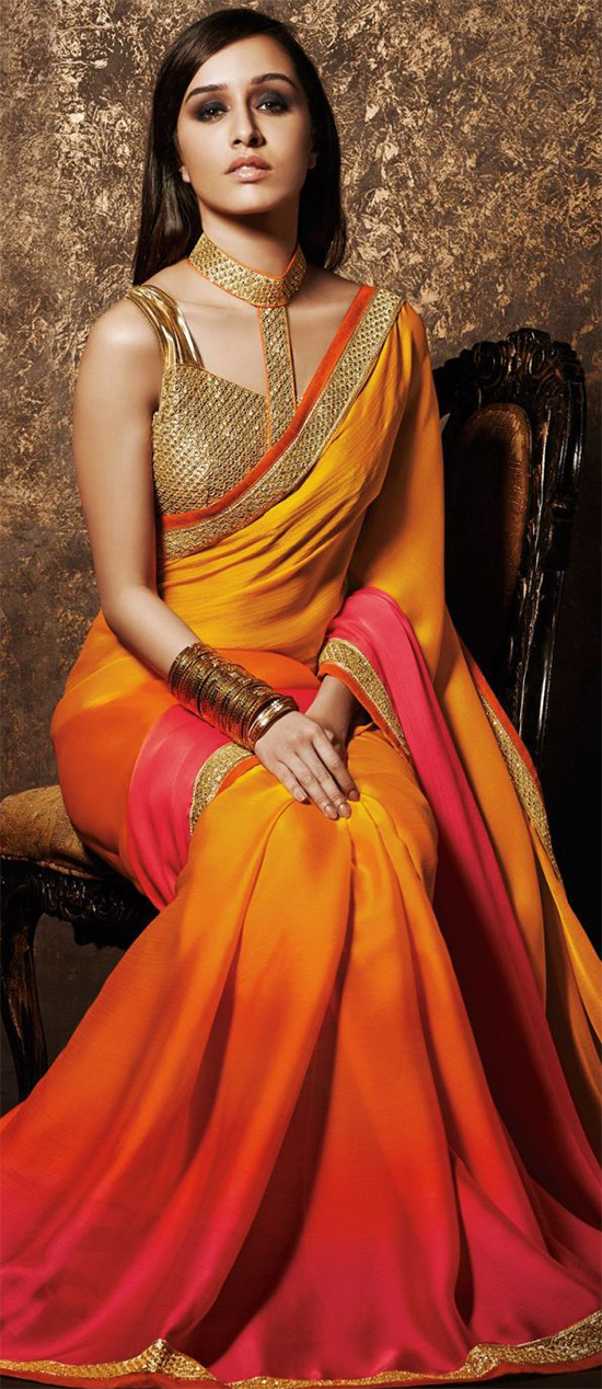 Shraddha Kapoor In Orange & Pink Shaded Saree With Golden Blouse